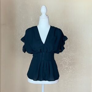 Max Studio Navy Ruffled V-Neck Blouse
